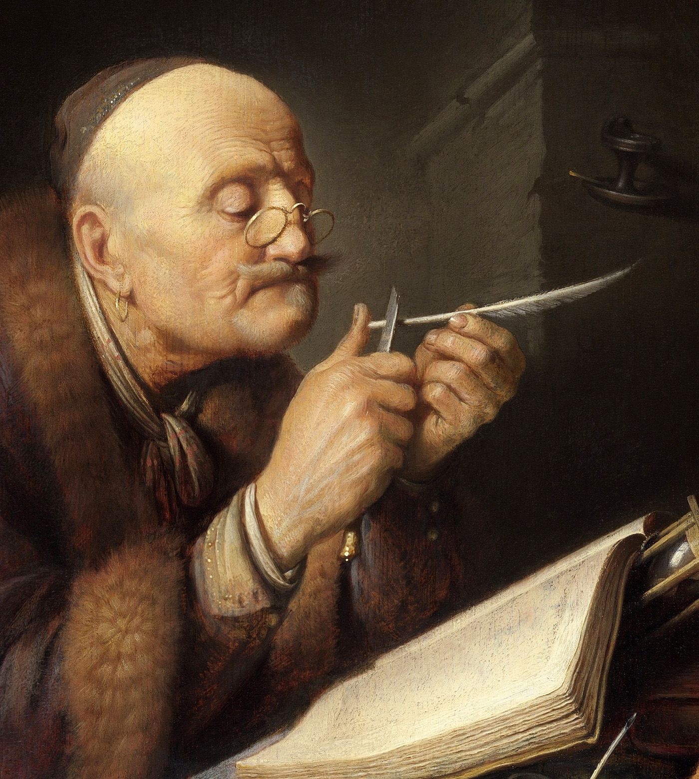 scholar sharpening a quill pen